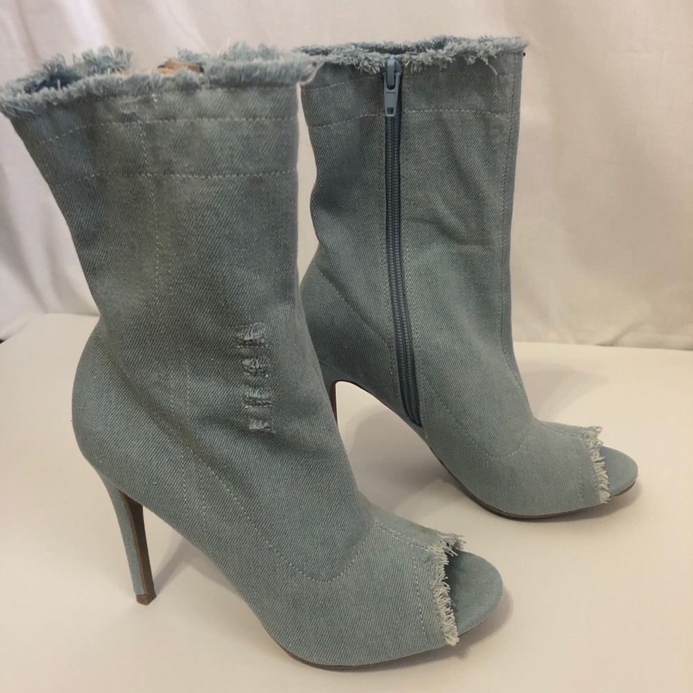 Denim peep toe booties